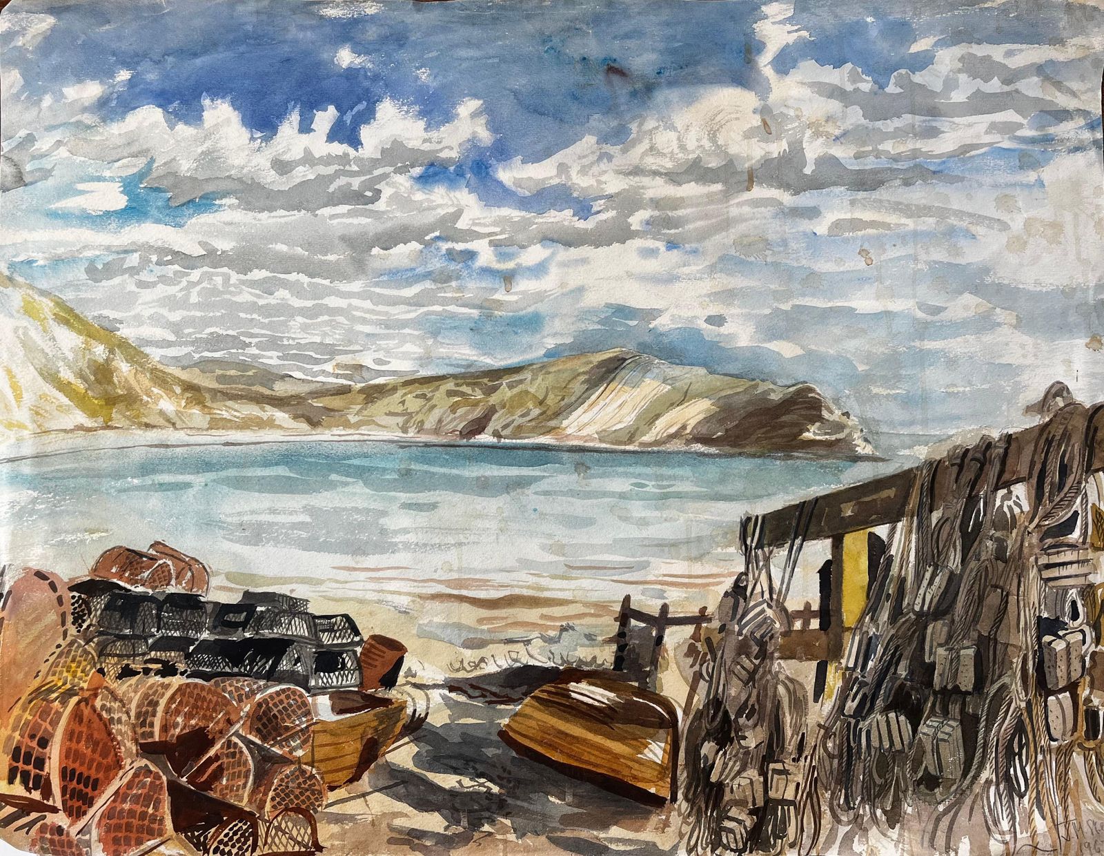 John Steane (B.1931)lobster Pots And Fishing Nets On Dorset Coastline 1967 Coastal Watercolour Scene