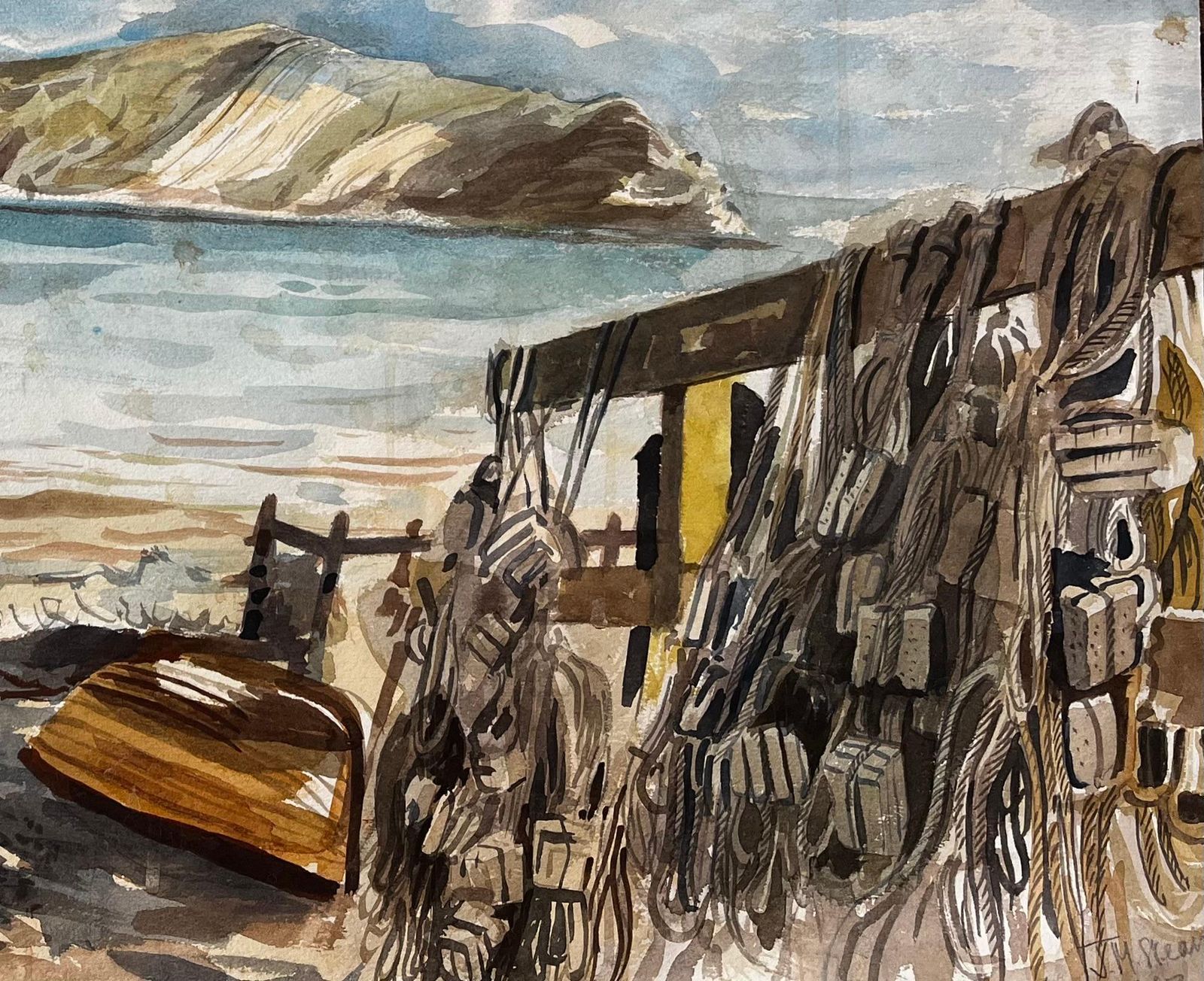 John Steane (B.1931)lobster Pots And Fishing Nets On Dorset Coastline 1967 Coastal Watercolour Scene photo furniture