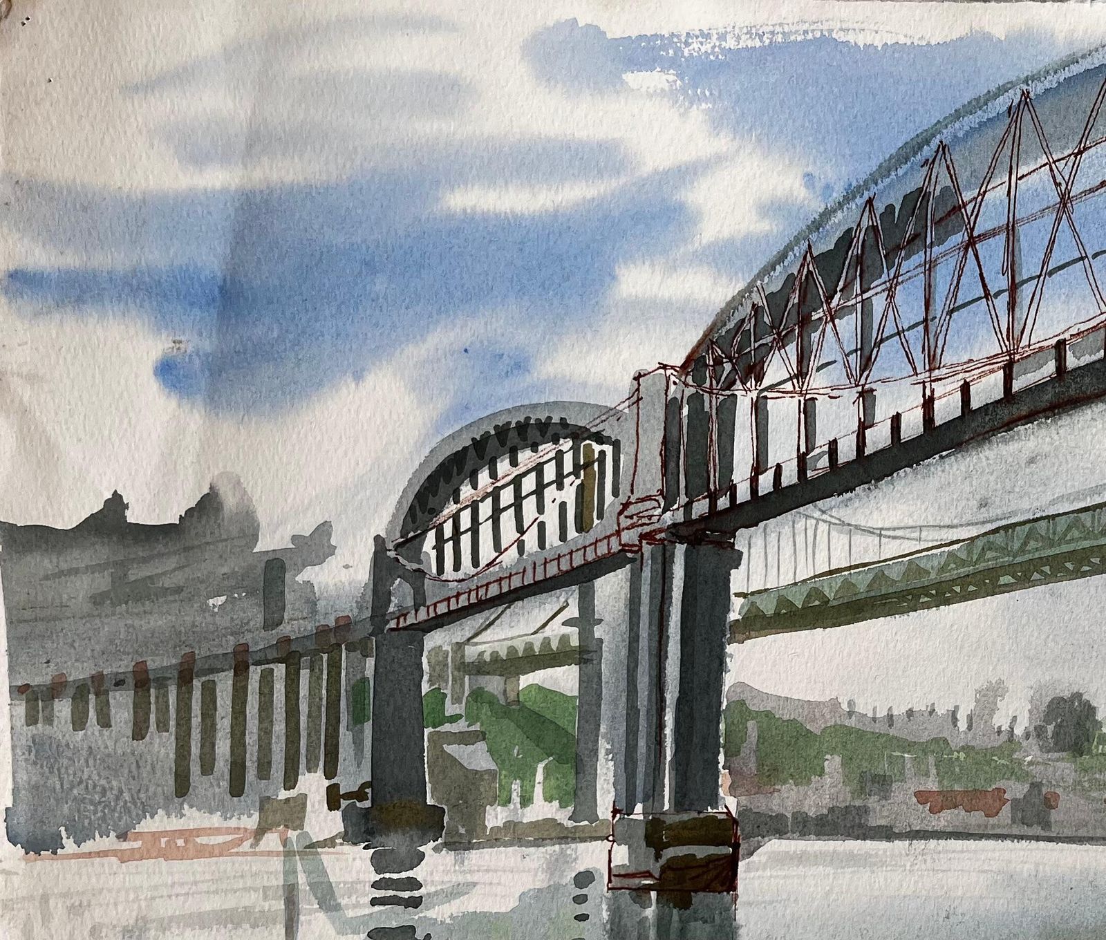 John Steane (B.1931)devon Cornwall Railway Bridge Over River Tamar Unfinished Watercolour Sketch photo for sale