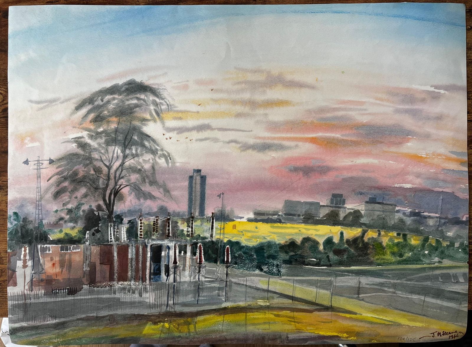 John Steane (B.1931)sunset Over Suburban London With Tree Skyline And Yellow Fields 1996 Watercolour1996 photo furniture