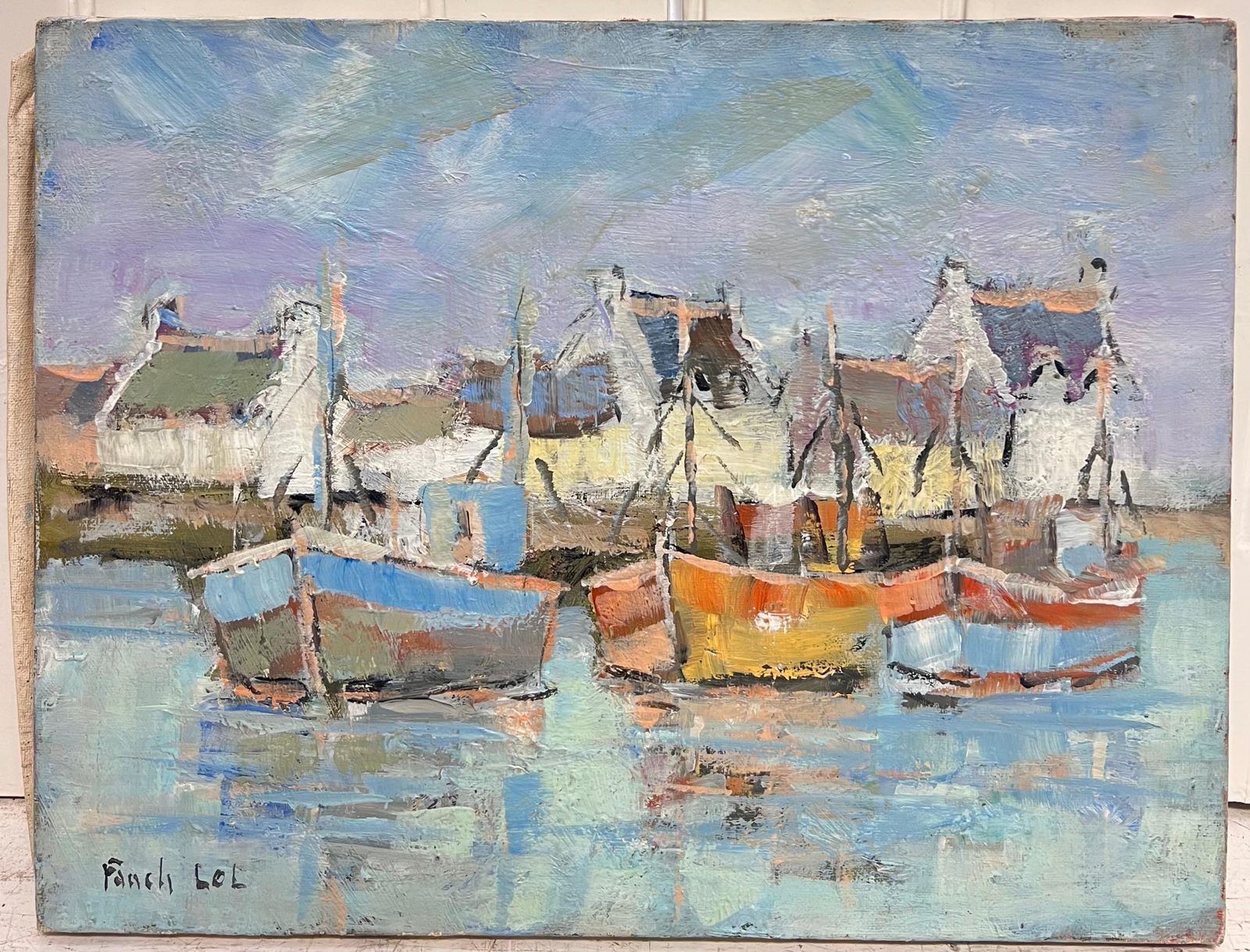 Fanch Lelbright & Colourful Boats In The Blue Summer Harbour French Oil Painting photo furniture