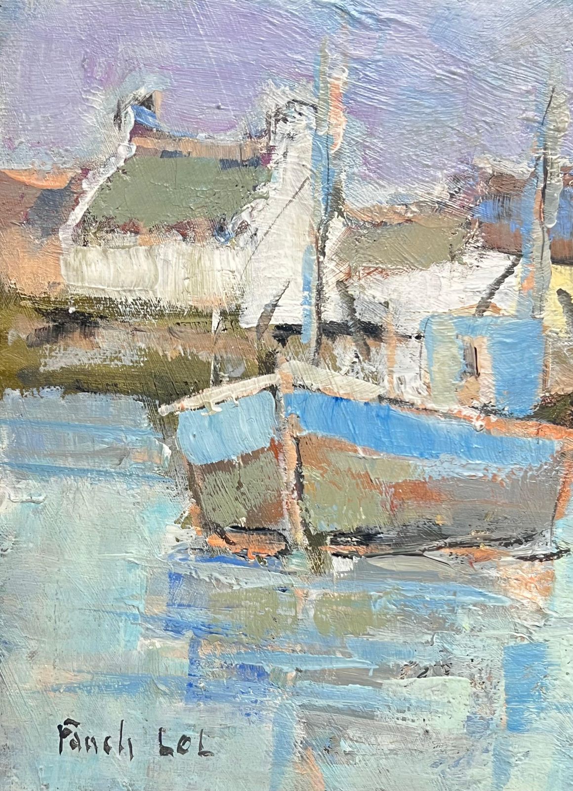 Fanch Lelbright & Colourful Boats In The Blue Summer Harbour French Oil Painting photo for sale