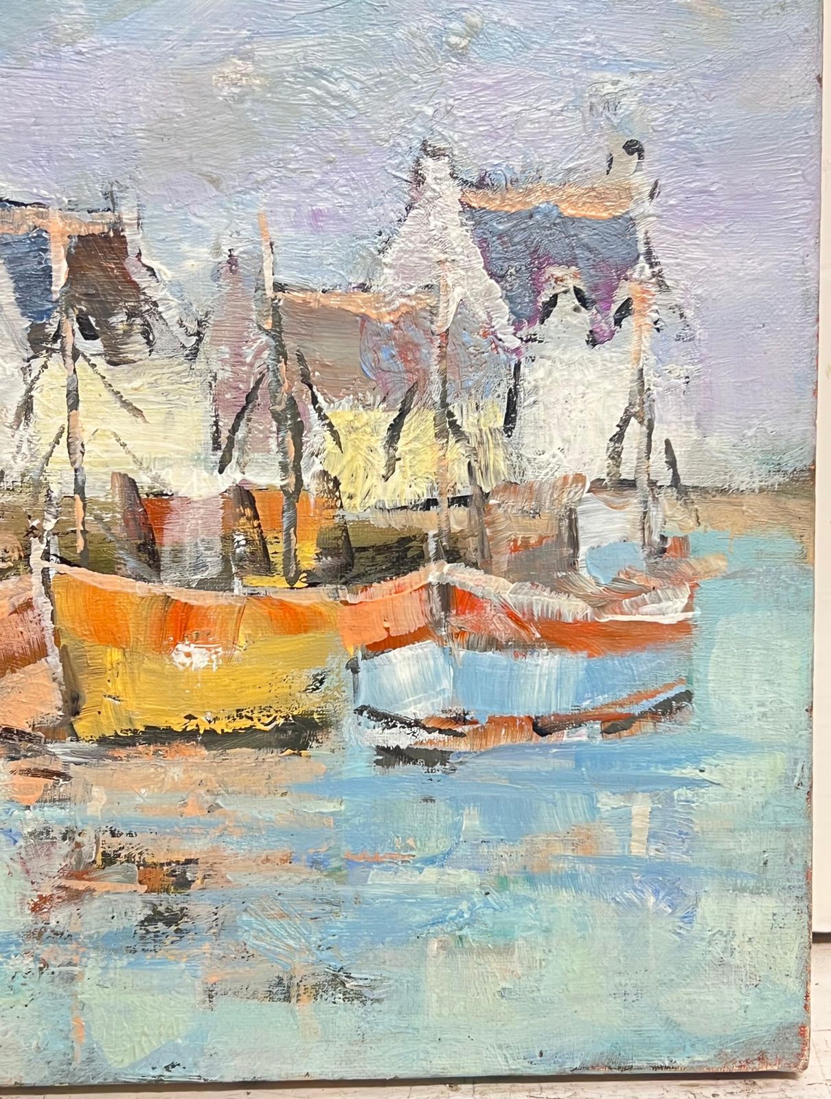 Fanch Lelbright & Colourful Boats In The Blue Summer Harbour French Oil Painting photo vinterior