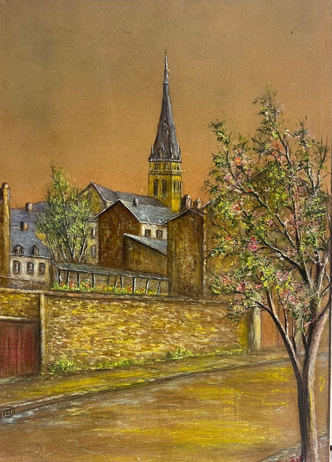 Jean Fouriequiet Street With Blossoming Tree And Church Spire At Dusk Oil Painting1950 photo for sale