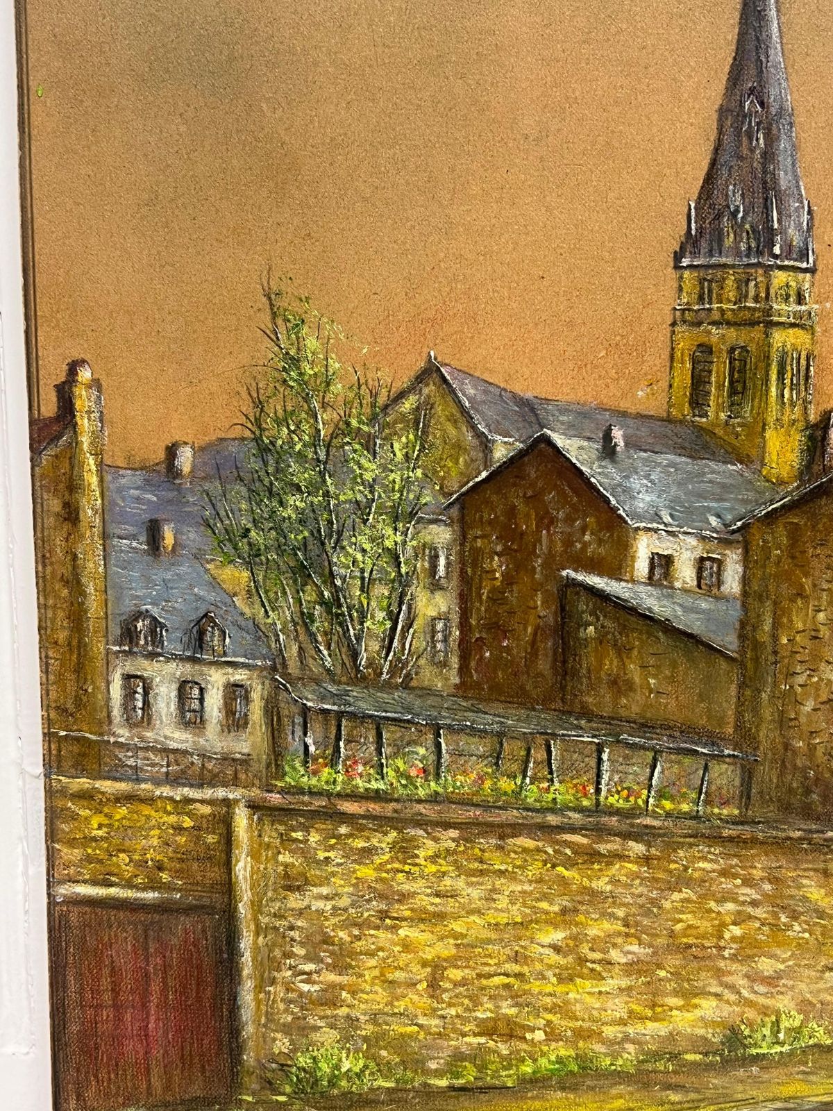 Jean Fouriequiet Street With Blossoming Tree And Church Spire At Dusk Oil Painting1950 photo vintage