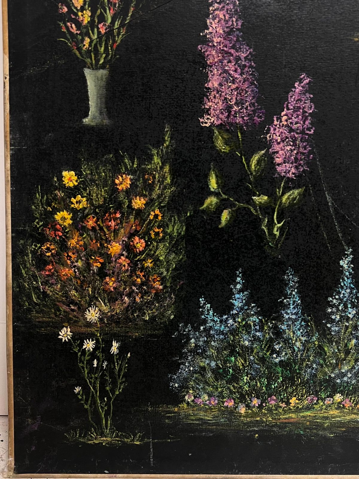 Jean Fouriestudy Of Garden Flowers On Black Back Ground Oil Painting photo vintage