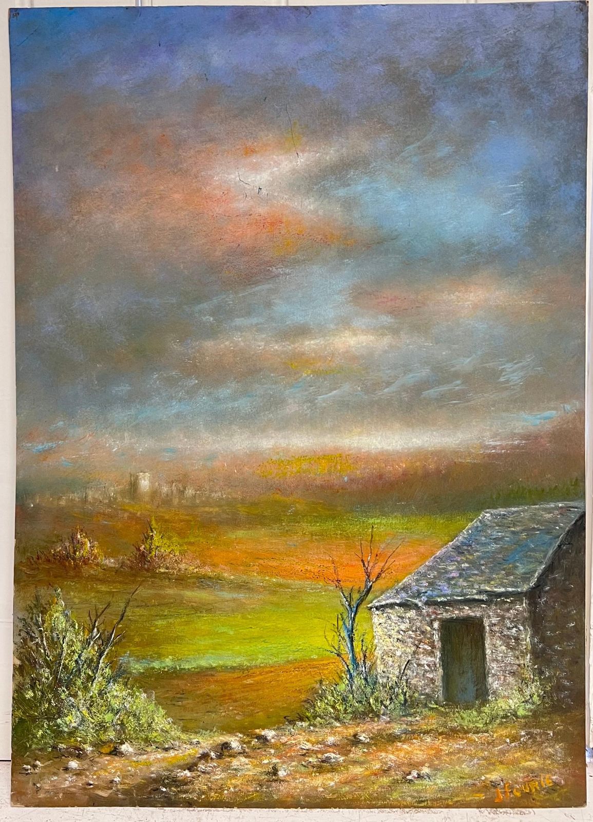 Jean Fouriestone Hut In A Autumnal Sunset Open Field Oil Landscape Painting photo furniture