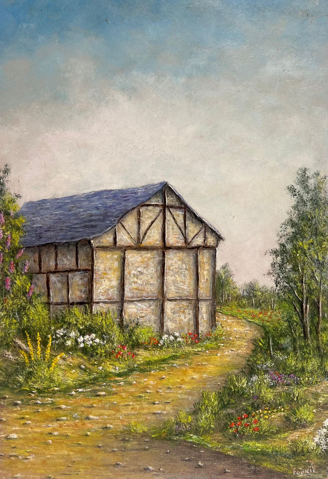 Jean Fourietimber   Framed Barn With Garden Flowers Along A Country Path Oil Painting photo Art