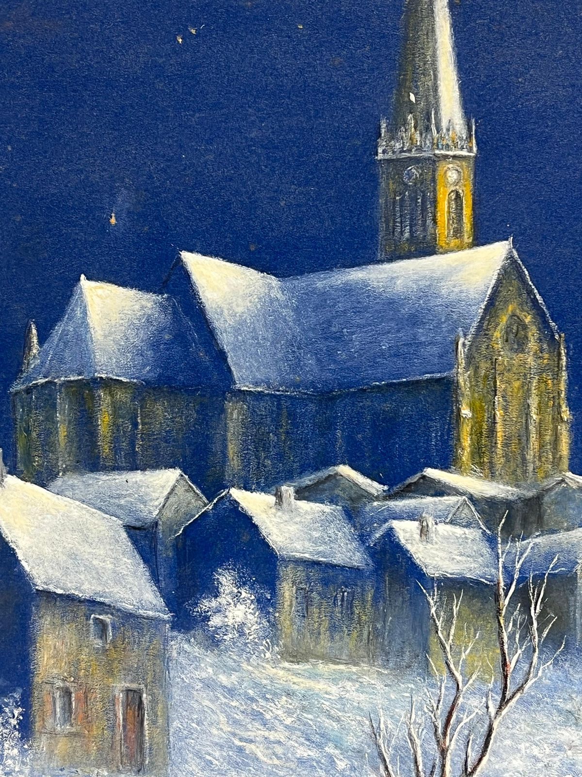 Jean Fouriesnow Covered Church In Midnight Blue Oil Landscape Painting photo for sale