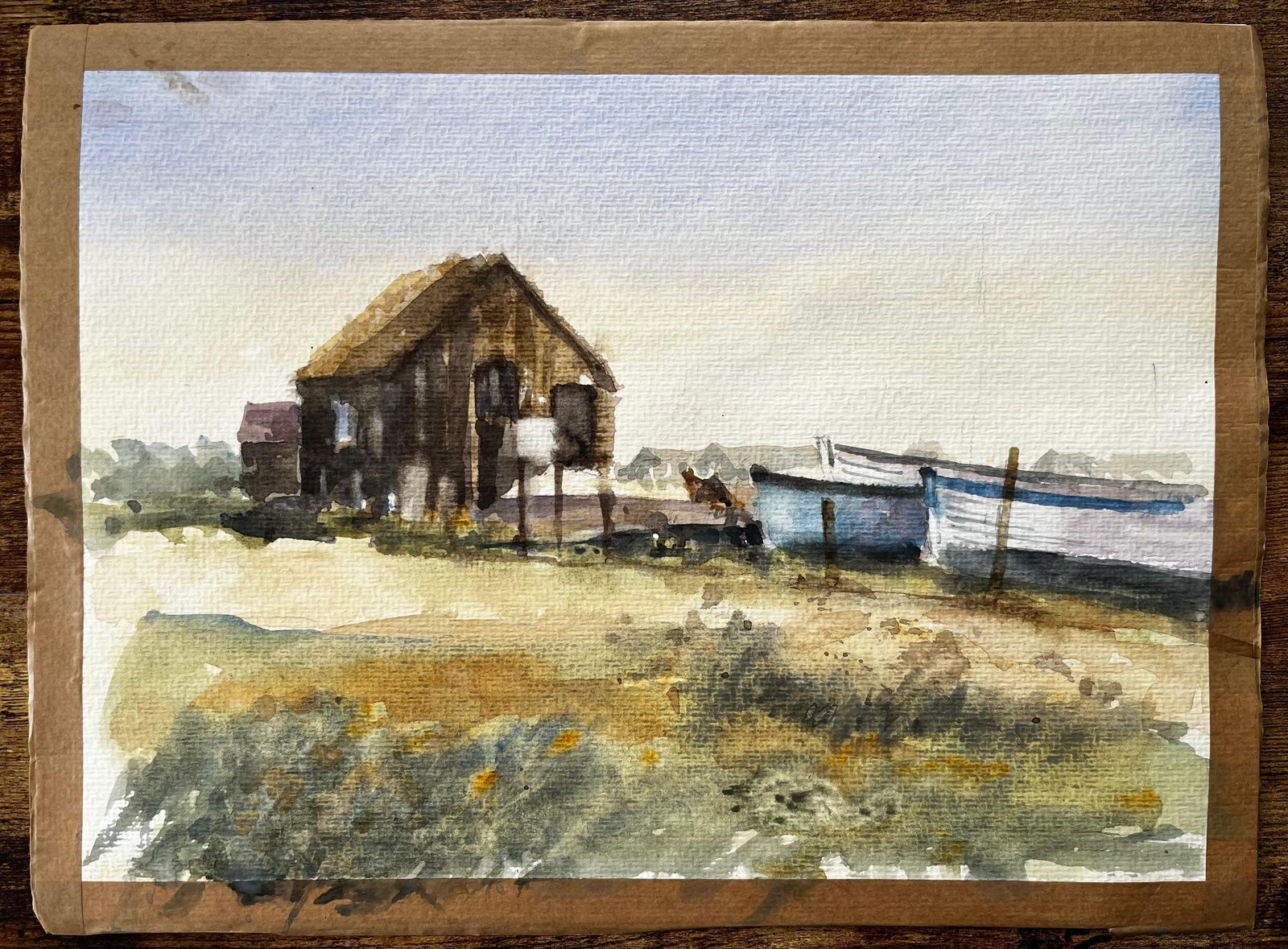 Anthony Herbertweathered Coastal Boathouse With Fishing Boats And Dunes Watercolour Painting photo furniture