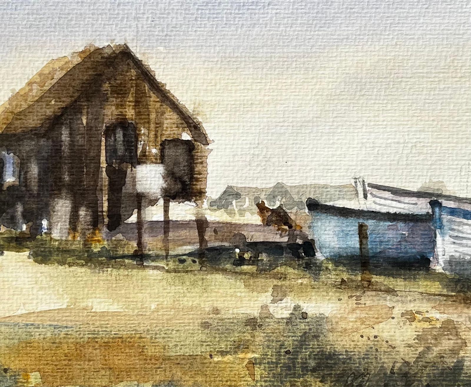 Anthony Herbertweathered Coastal Boathouse With Fishing Boats And Dunes Watercolour Painting photo buy