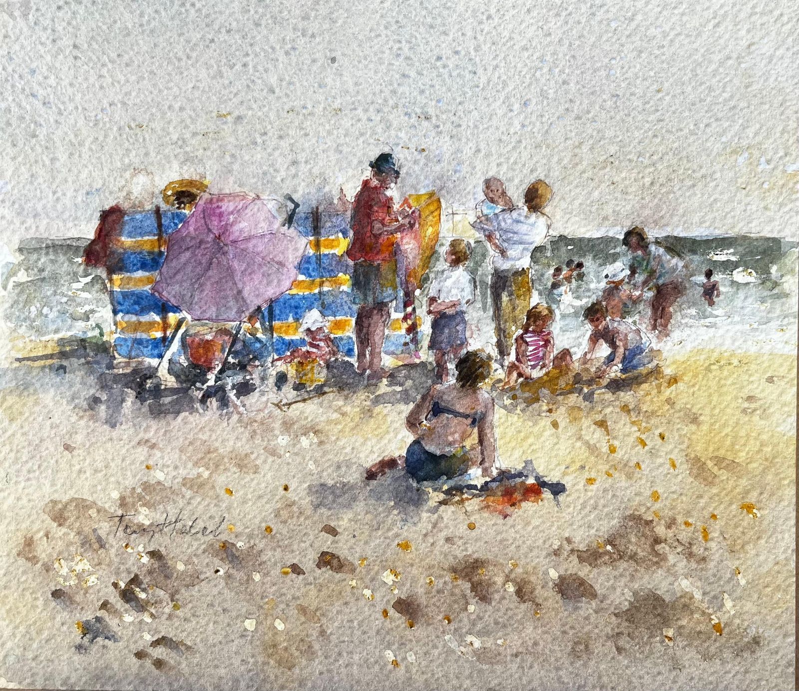 Anthony Herbertbritish Seaside Family Beach Scene With Windbreak And Umbrella By Tony Herbert