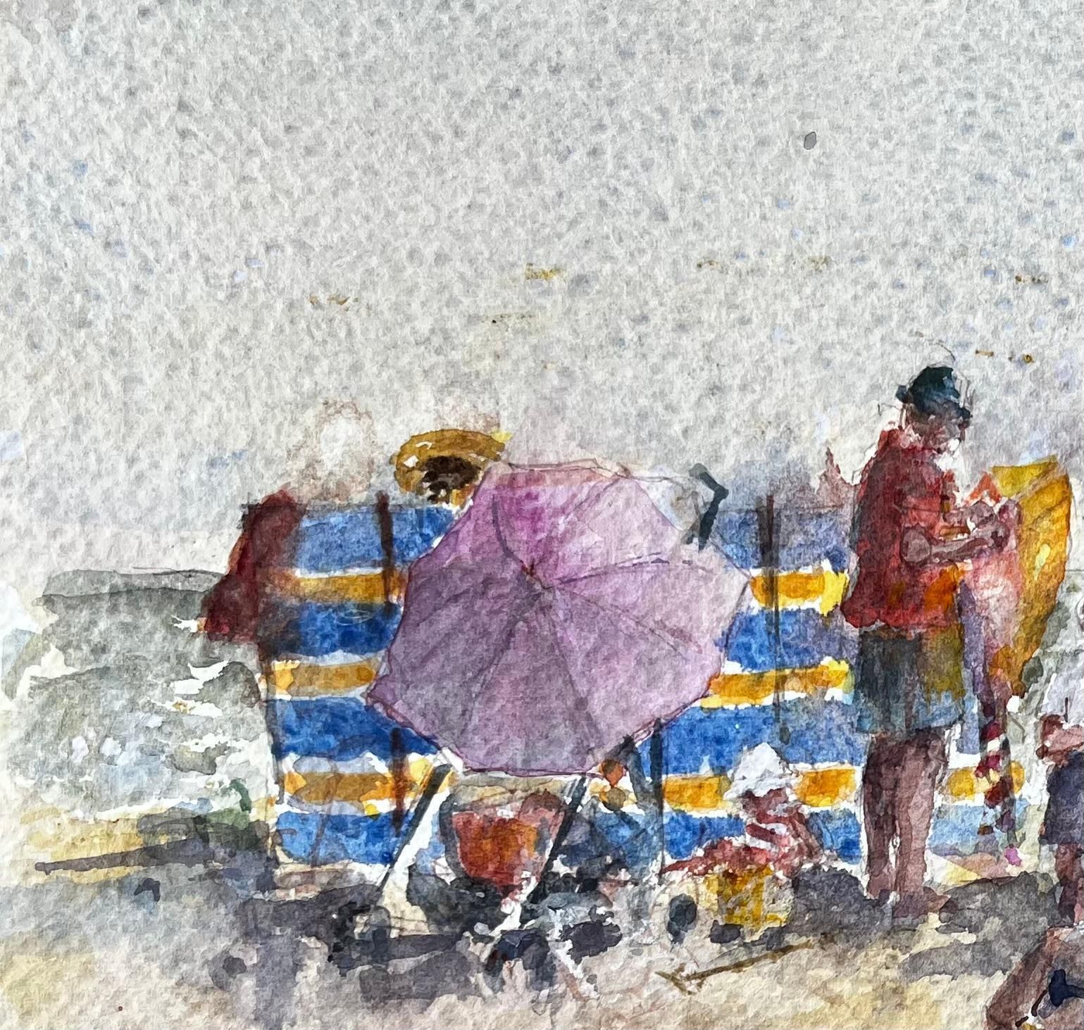 Anthony Herbertbritish Seaside Family Beach Scene With Windbreak And Umbrella By Tony Herbert photo for sale