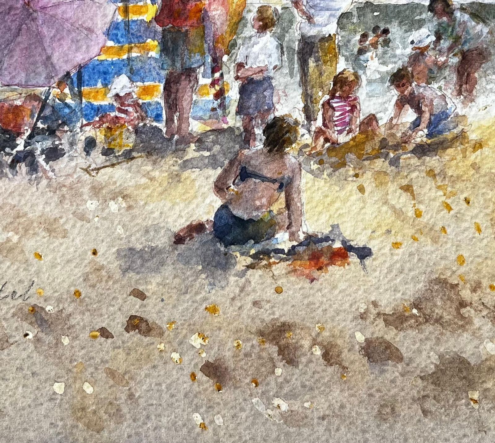 Anthony Herbertbritish Seaside Family Beach Scene With Windbreak And Umbrella By Tony Herbert photo buy