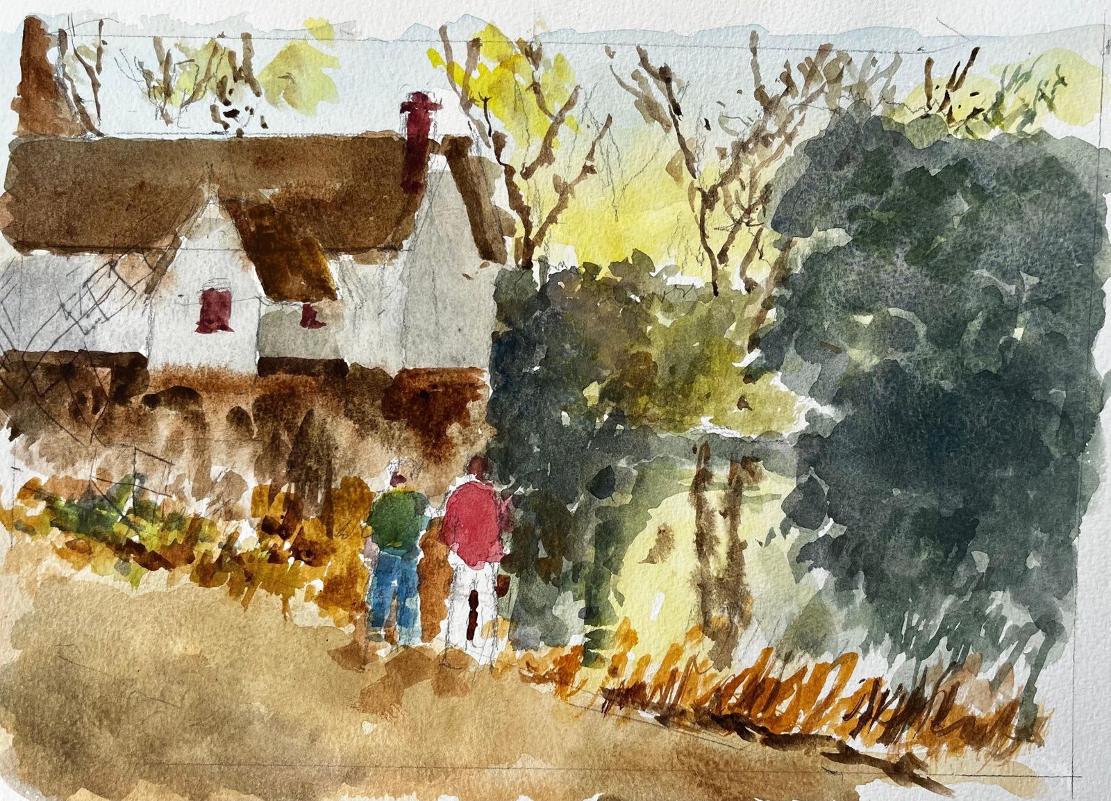 Anthony Herbertflatford Mill Suffolk Landscape With Figures And Thatched Cottage Watercolour