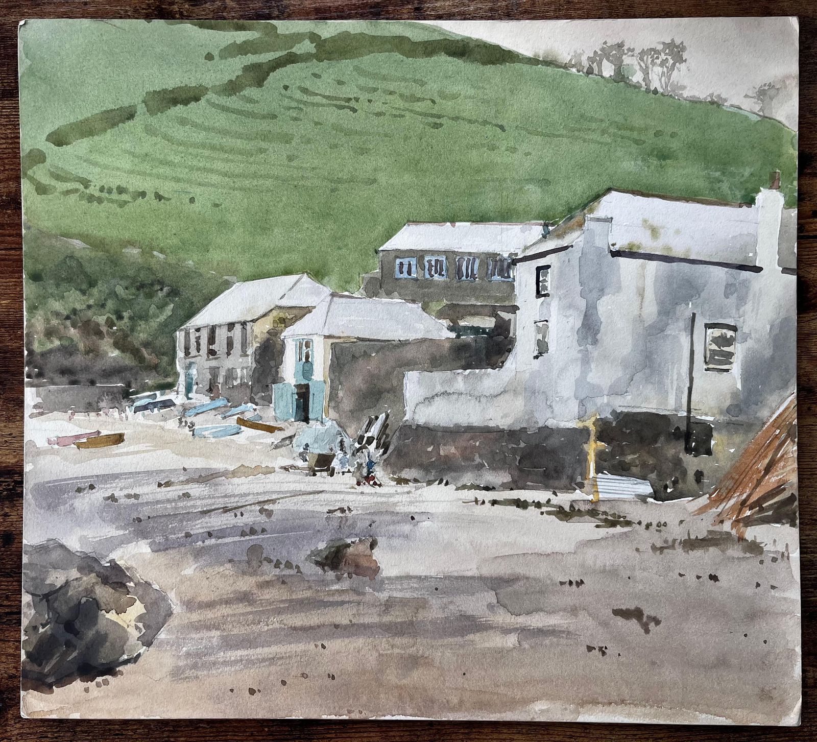 Anthony Herbertcoastal Village With Boats And Hillside Harbour Scene Watercolour photo furniture