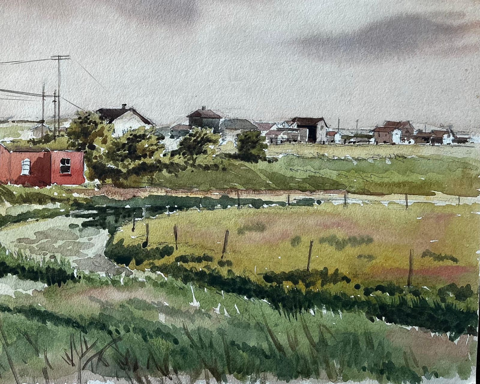 Anthony Herbertsouthwold Suffolk Landscape With Red Roofed Cottages And Cloudy Sky Watercolour photo vinterior