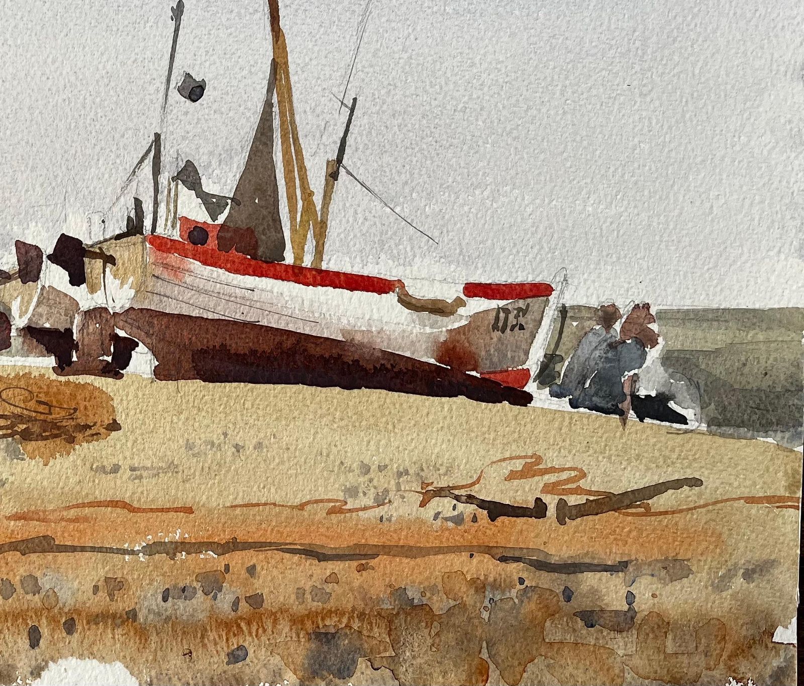 Anthony Herbertbeached Fishing Boat With Figures And Nets On Winter Shore Watercolour Scene photo Art