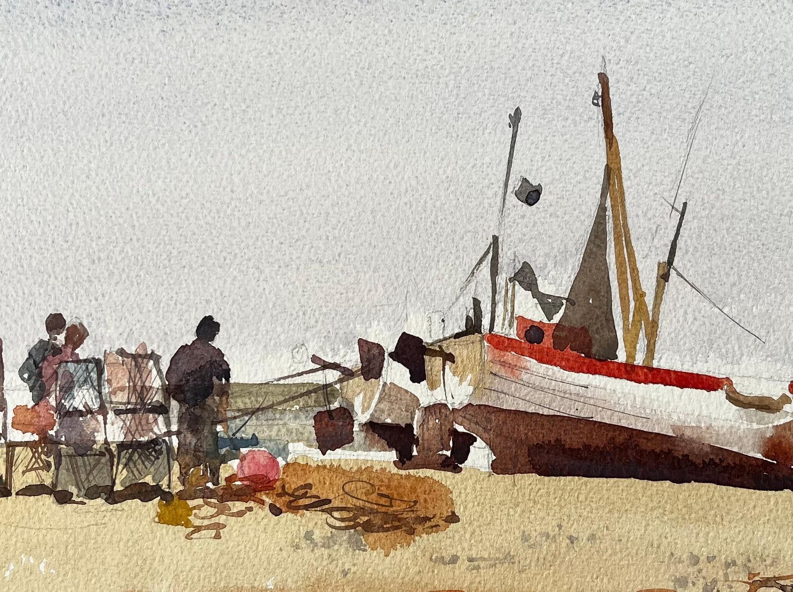 Anthony Herbertbeached Fishing Boat With Figures And Nets On Winter Shore Watercolour Scene photo buy