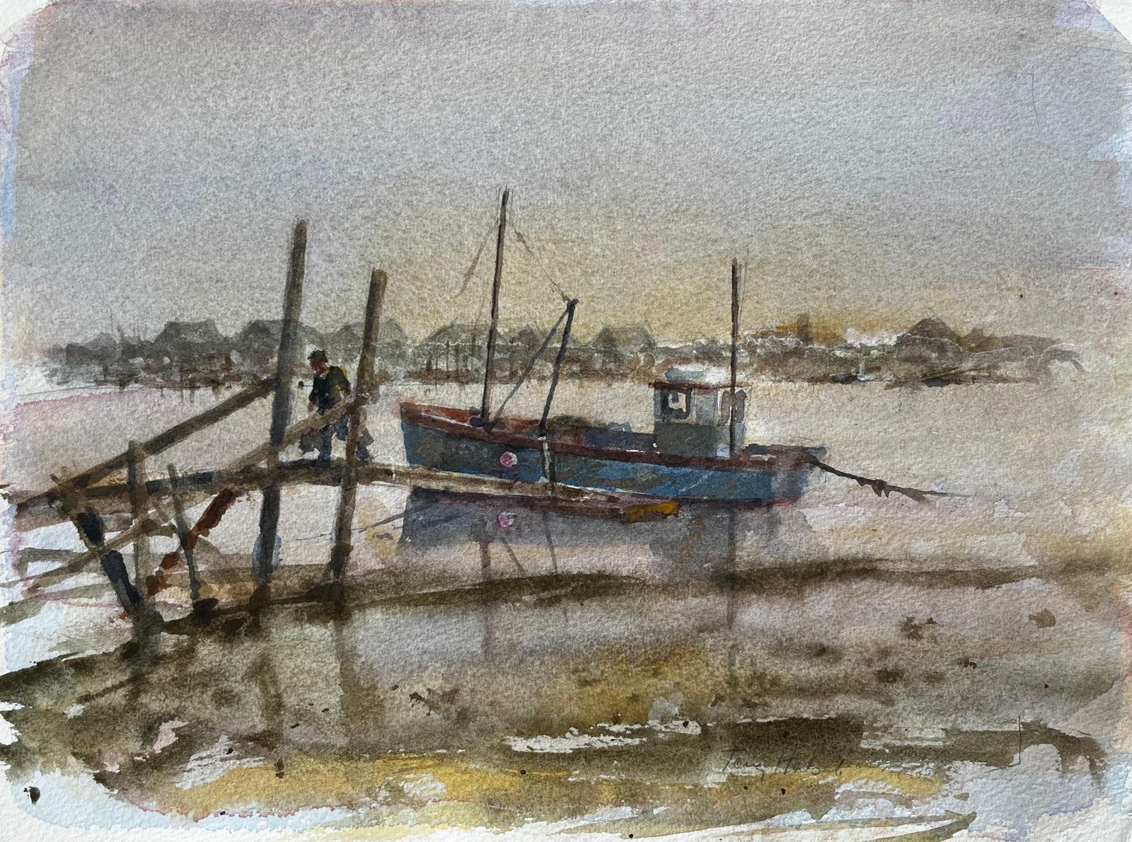 Anthony Herbertmisty Estuary With Blue Fishing Boat And Figure And Wooden Jetty By Tony Herbert