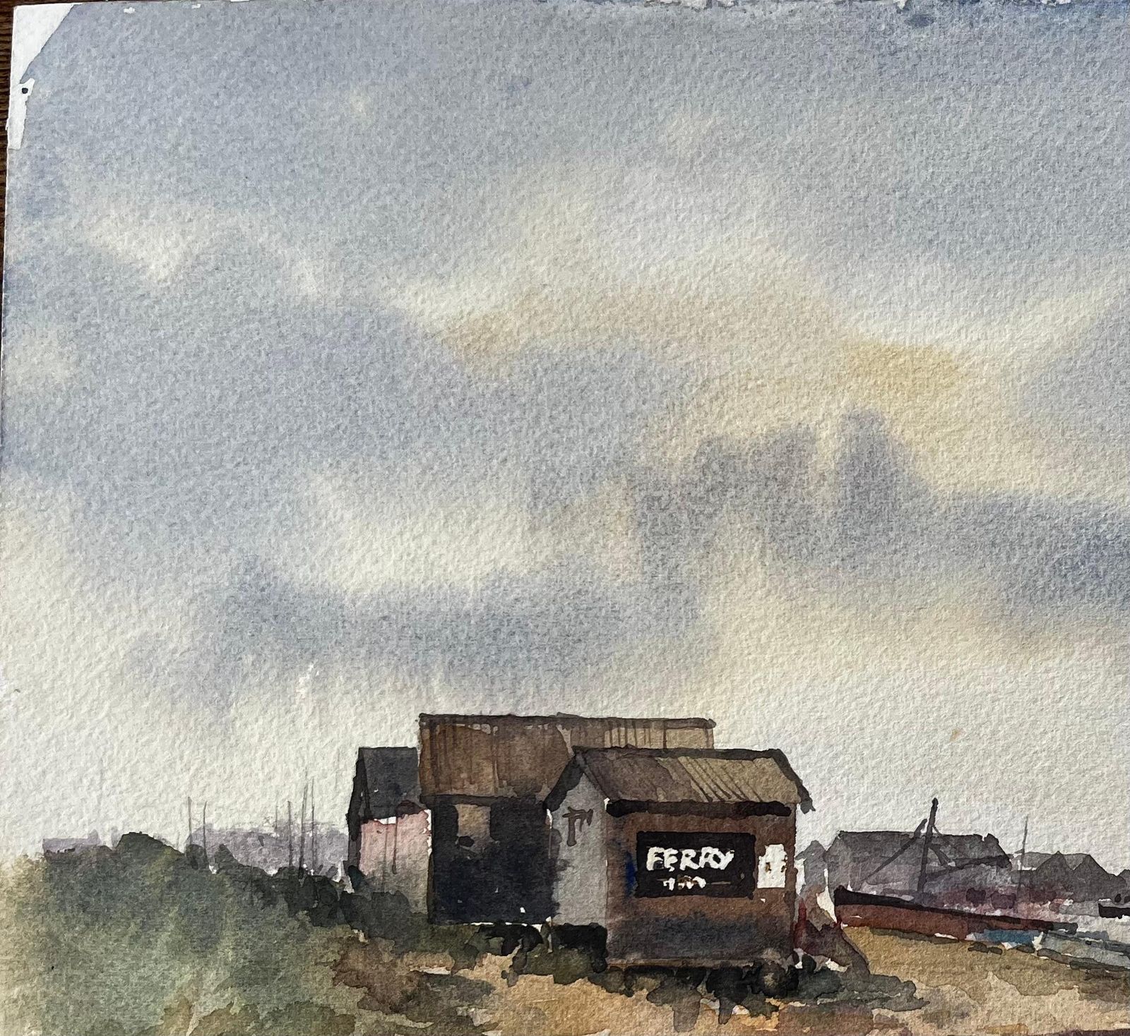 Anthony Herbertsouthwold Harbour Ferry Hut With Distant Shoreline And Boats Watercolour photo vinterior