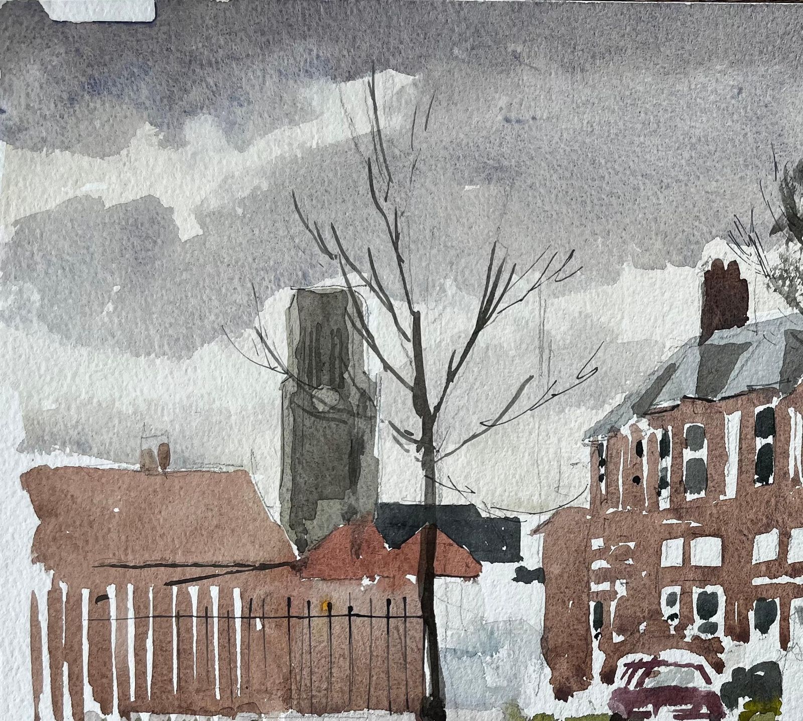 Anthony Herbertsouthwold York Road Scene With Red Brick Terraces Trees And Puddles Watercolour photo 570.0