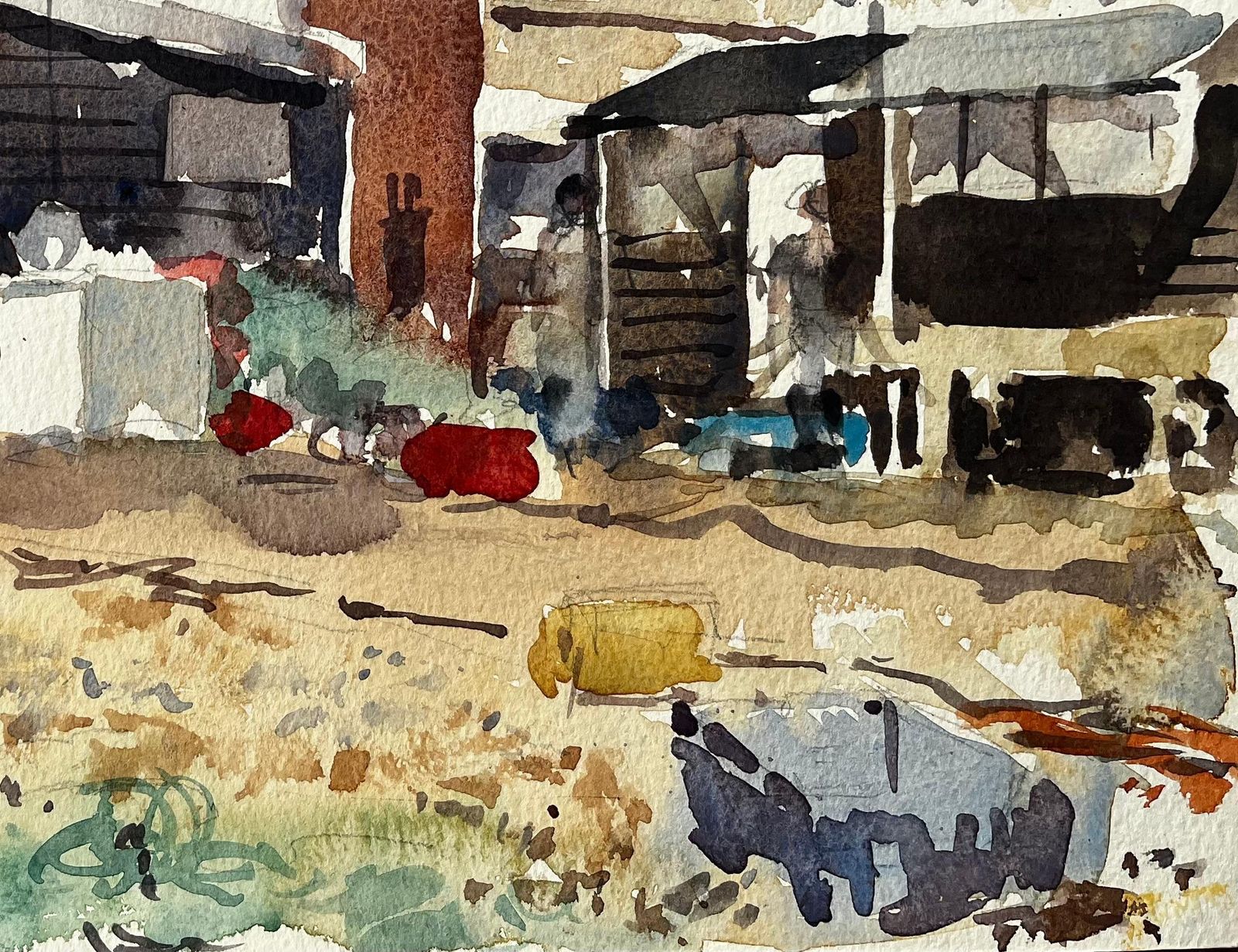 Anthony Herbertcoastal Fishing Huts With Nets And Harbour Debris Watercolour Landscape photo 565.0