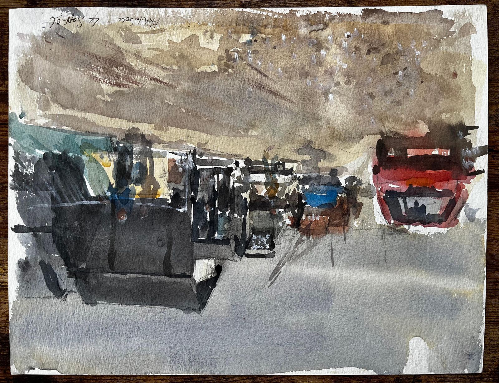 Anthony Herbertbusy High Street Scene With Figures Cars And Yellow Townhouses Watercolour photo vintage