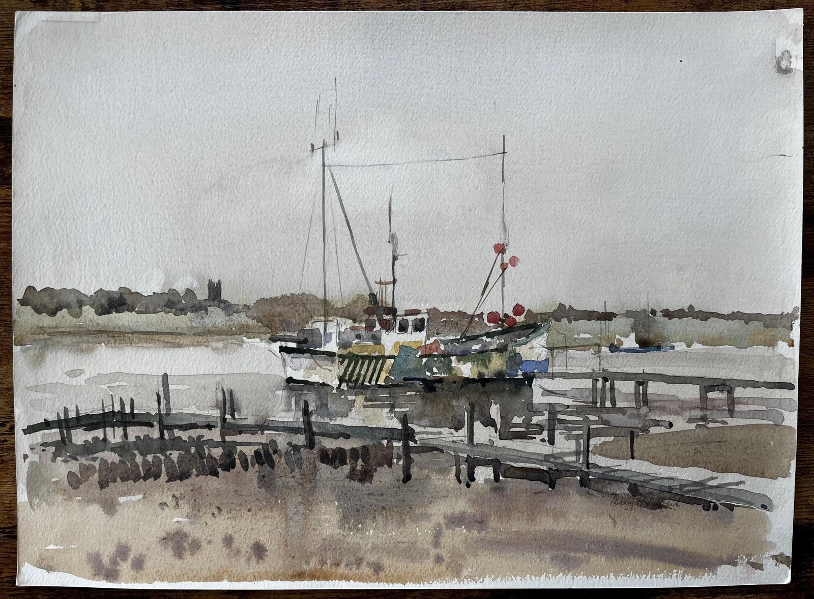 Anthony Herbertsouthwold River Blyth Fishing Boat Low Tide Marsh Scene With Jetty And Church1995 photo furniture