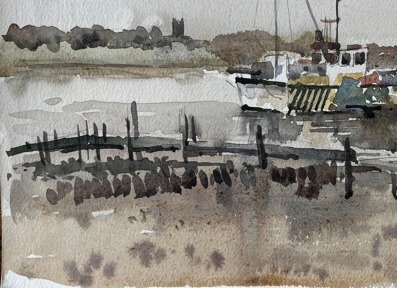 Anthony Herbertsouthwold River Blyth Fishing Boat Low Tide Marsh Scene With Jetty And Church1995 photo 551.0