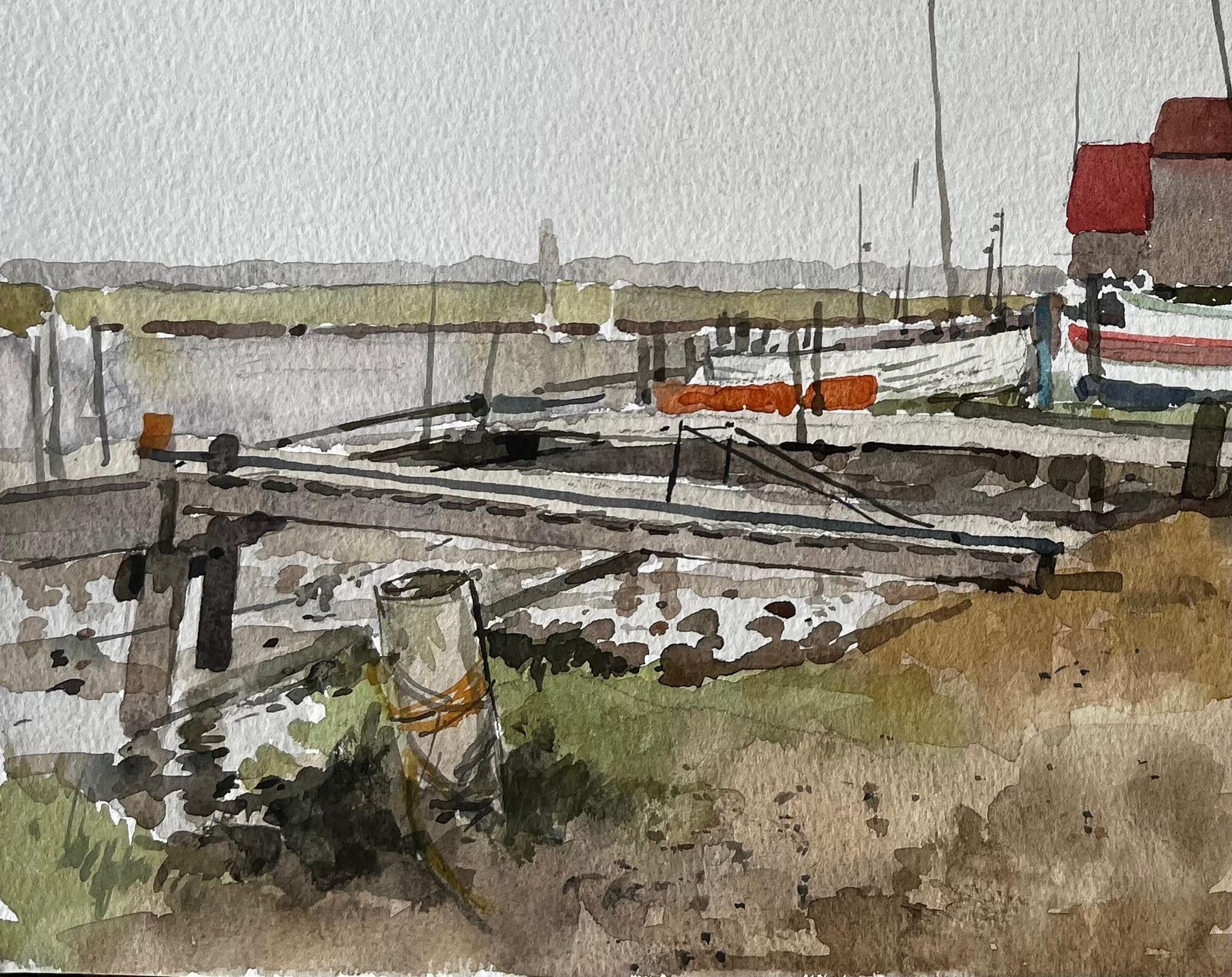 Anthony Herbertsouthwold Harbour Boats And Boat Sheds With Jetty And Estuary Mudflats 1992 photo for sale
