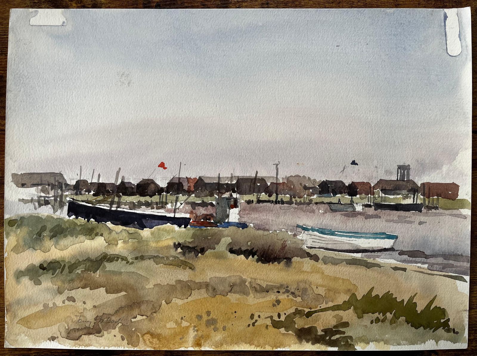 Anthony Herbertwalberswick Boats And Fishing Huts On The Riverbank With Grasses And Red Flag1995 photo furniture