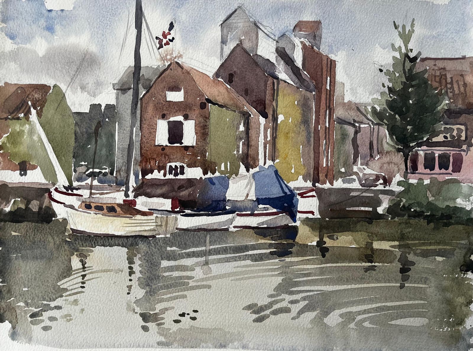 Anthony Herbertoriginal Watercolour Moored Sailboats And Riverside Buildings With Reflections1996