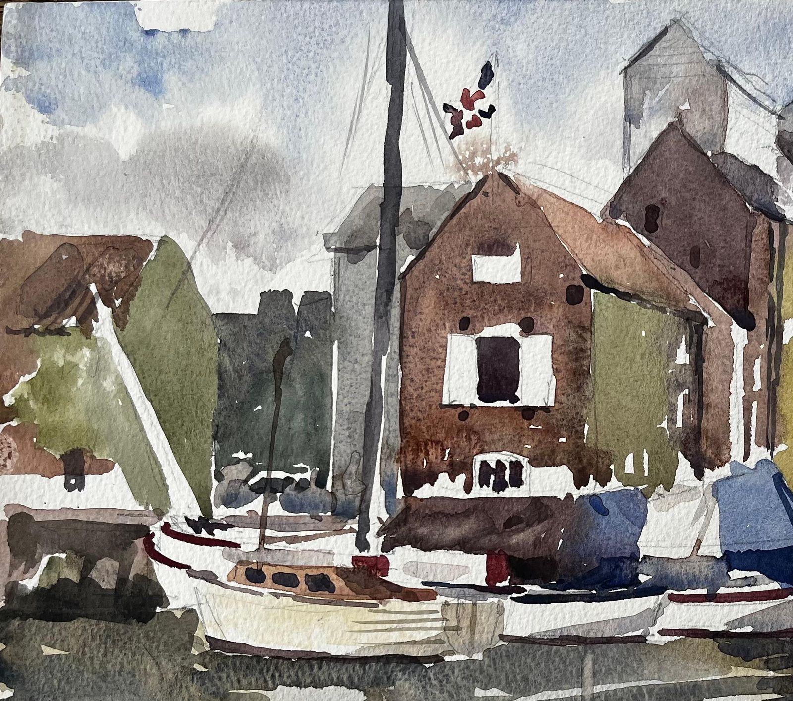 Anthony Herbertoriginal Watercolour Moored Sailboats And Riverside Buildings With Reflections1996 photo for sale