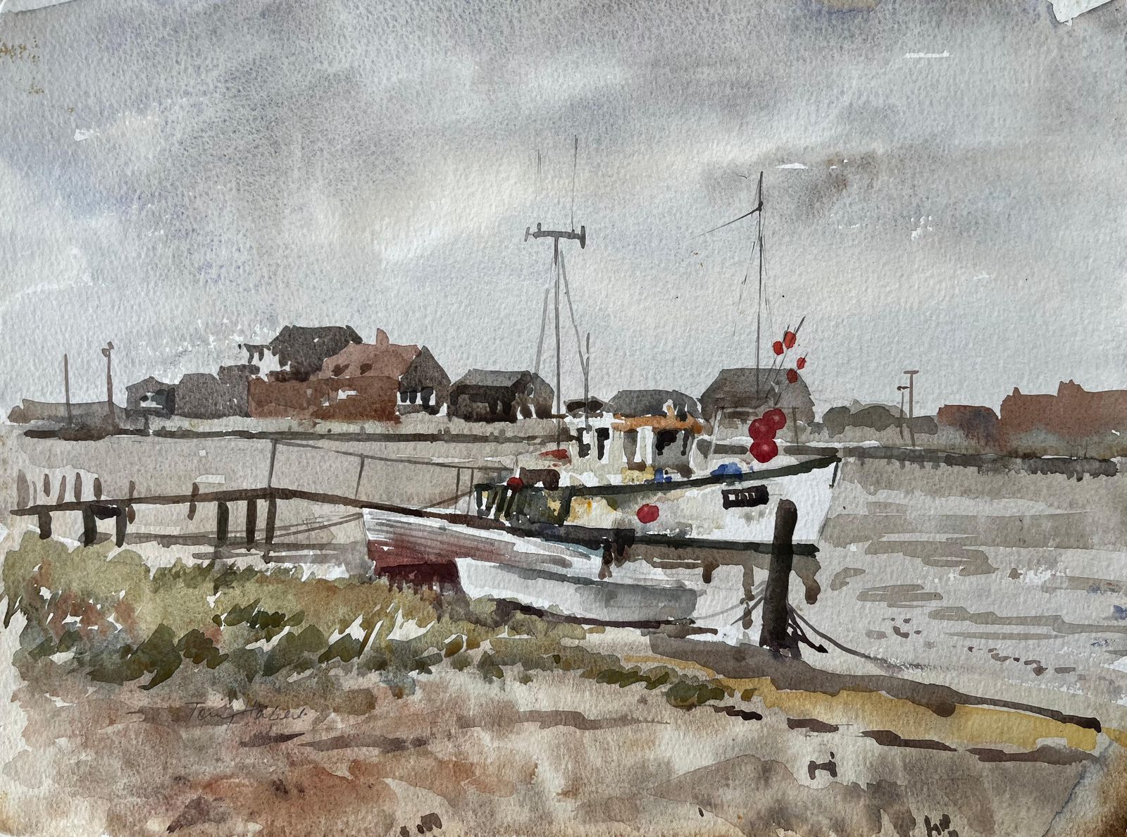 Anthony Herbertsouthwold Harbour Fishing Boat Low Tide Estuary Scene With Sheds And Moorings1994