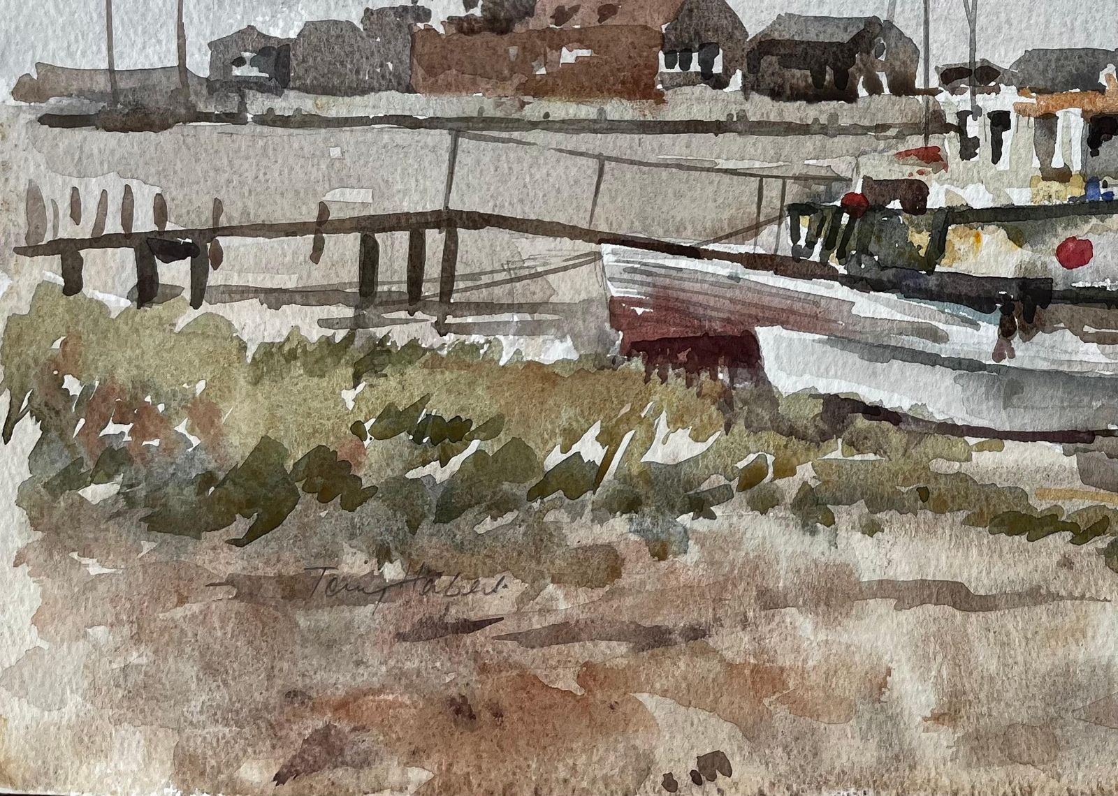 Anthony Herbertsouthwold Harbour Fishing Boat Low Tide Estuary Scene With Sheds And Moorings1994 photo Art