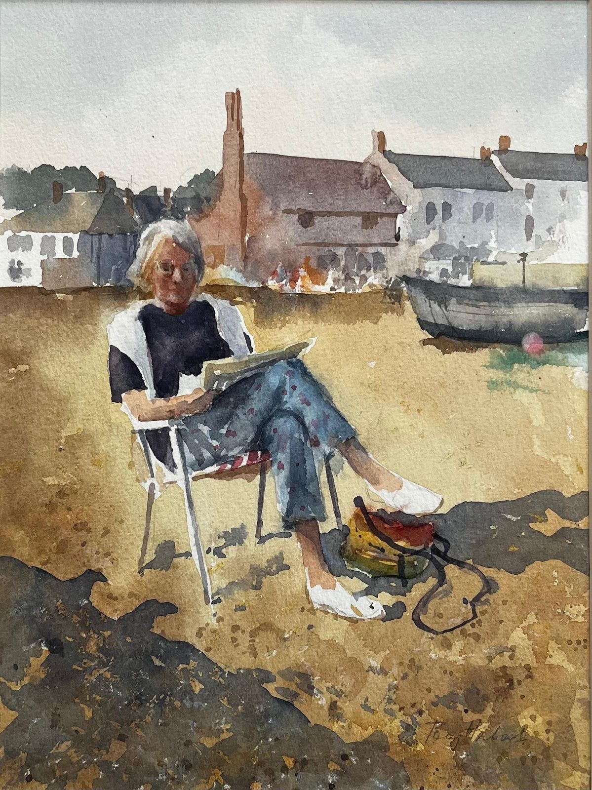 Anthony Herbertwoman Sketching On The Beach Aldeburgh Suffolk Seaside Watercolor