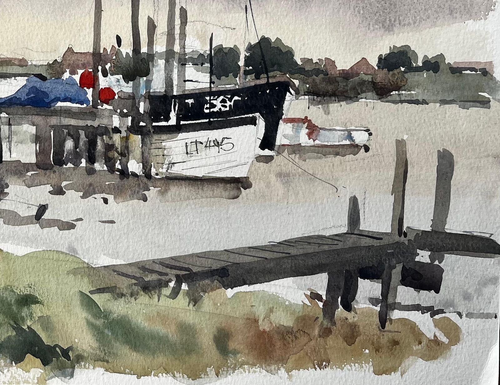 Anthony Herbertoriginal Watercolour Southwold Harbour Scene With Fishing Boats And Jetty 19941994 photo for sale