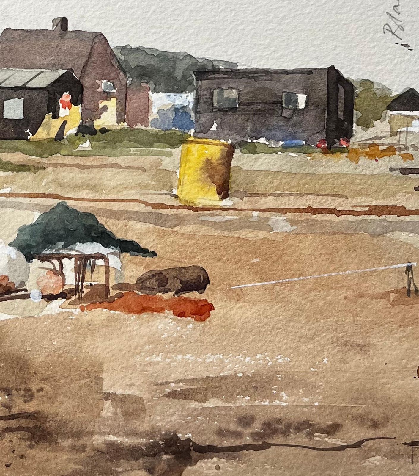 Anthony Herbertoriginal Watercolour Blakesley Quay Suffolk Coastal Buildings And Sand Scene1993 photo for sale