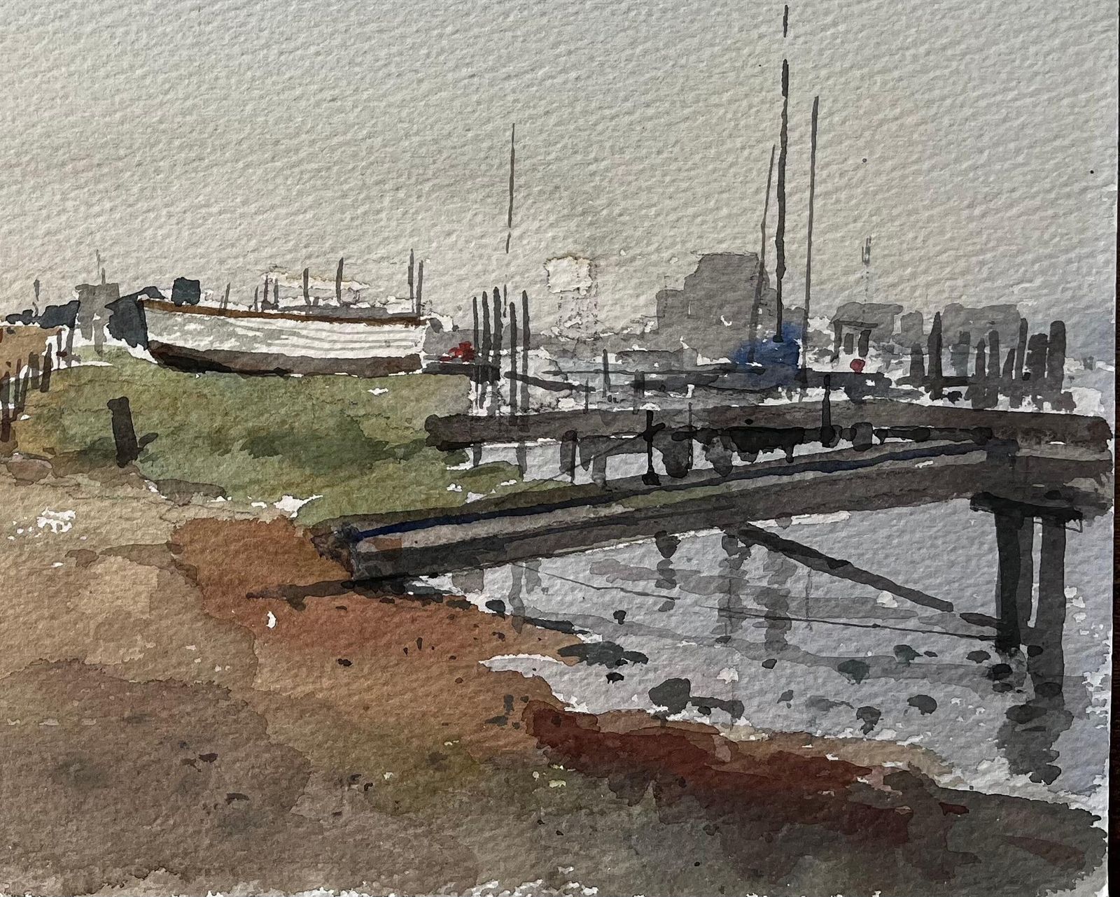 Anthony Herbertoriginal Watercolour Southwold Harbour Coastal Scene With Boats And Jetty1993 photo for sale