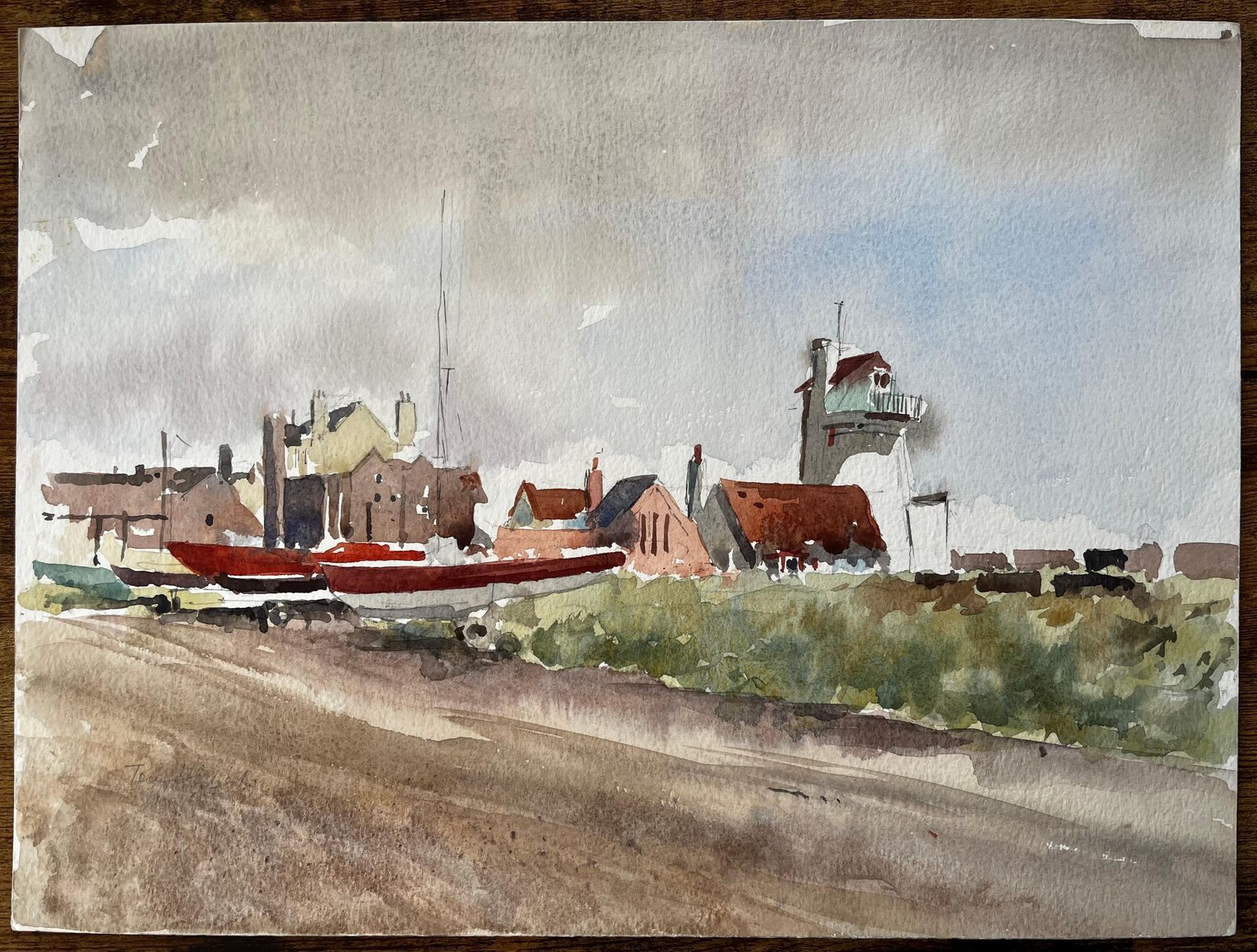 Anthony Herbertoriginal Watercolour Aldeburgh Suffolk Coastal Tower Boats And Buildings1993 photo furniture