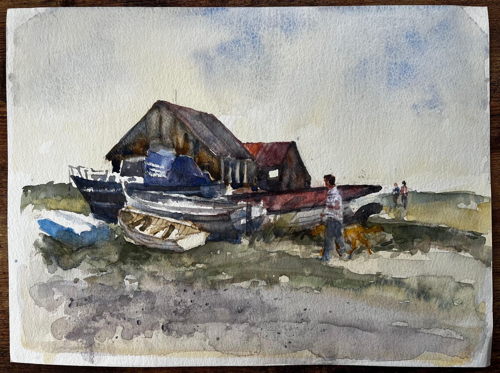 Anthony Herbertold Boat Yard With Figures And Dog On Suffolk Coast Watercolor By Tony Herbert photo furniture