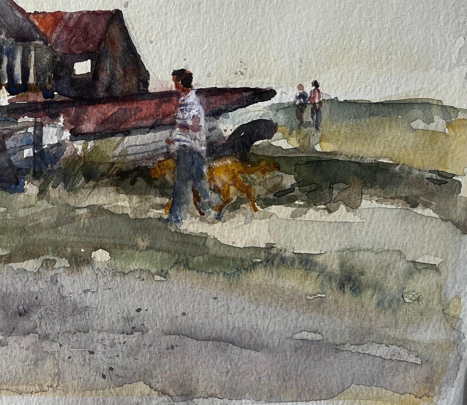 Anthony Herbertold Boat Yard With Figures And Dog On Suffolk Coast Watercolor By Tony Herbert photo for sale