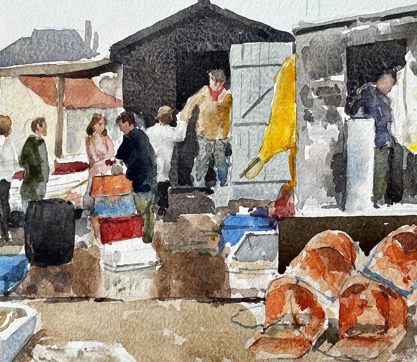 Anthony Herbertoriginal Watercolour Aldeburgh Fishing Quay Scene With Lobster Pots And Market1998 photo buy