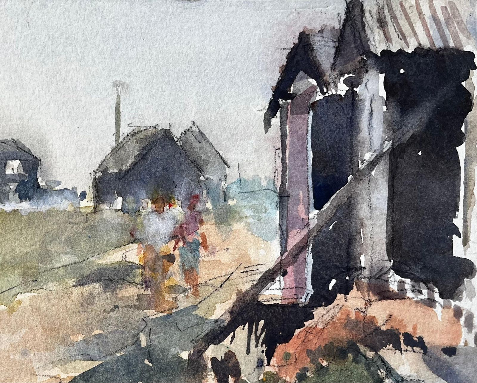 Anthony Herbertoriginal Watercolour Village Scene With Figures And Cabins Summer 2005 photo for sale