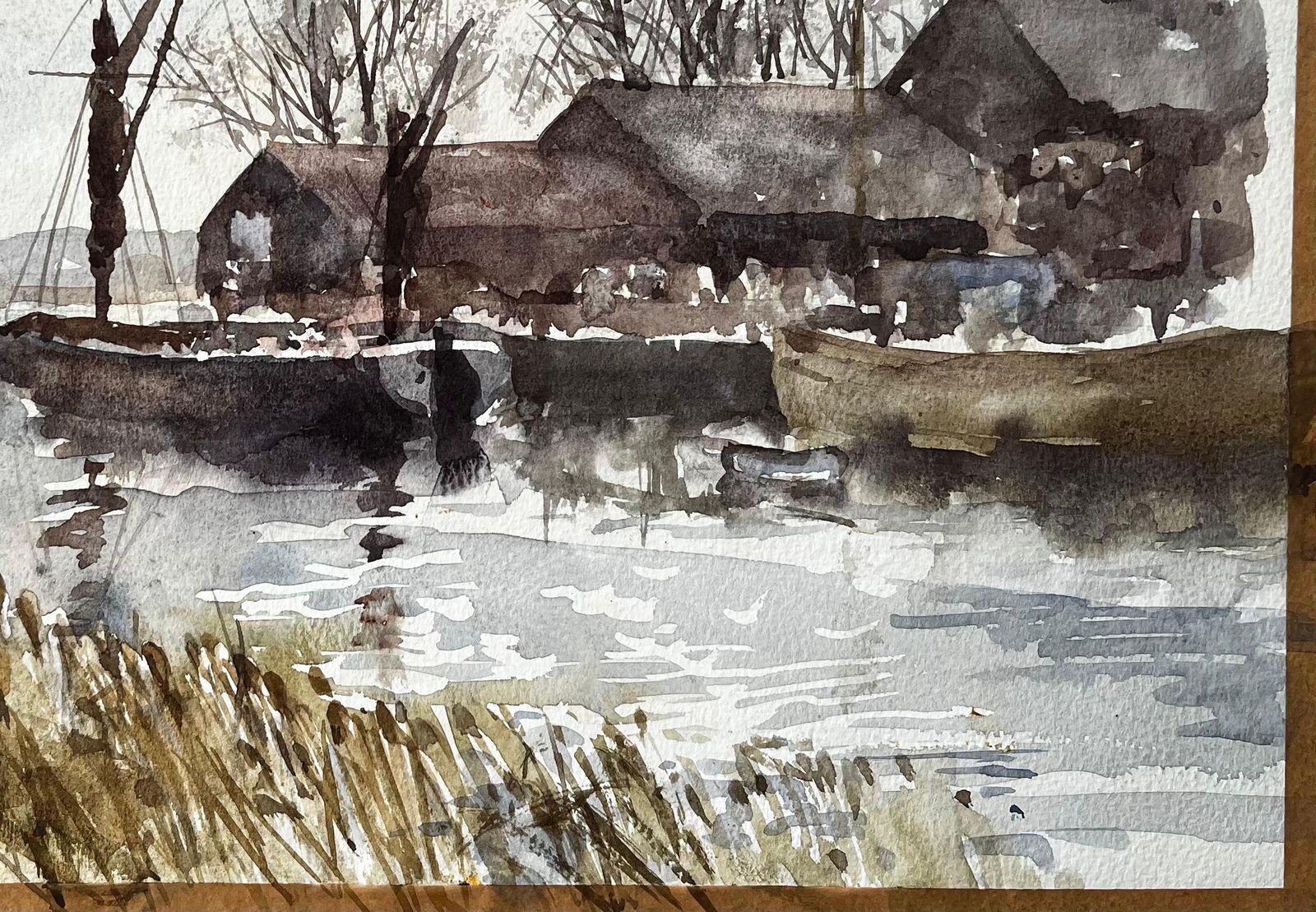 Anthony Herbertoriginal Watercolour Riverside Boatyard With Reflections And Winter Trees1993 photo Art