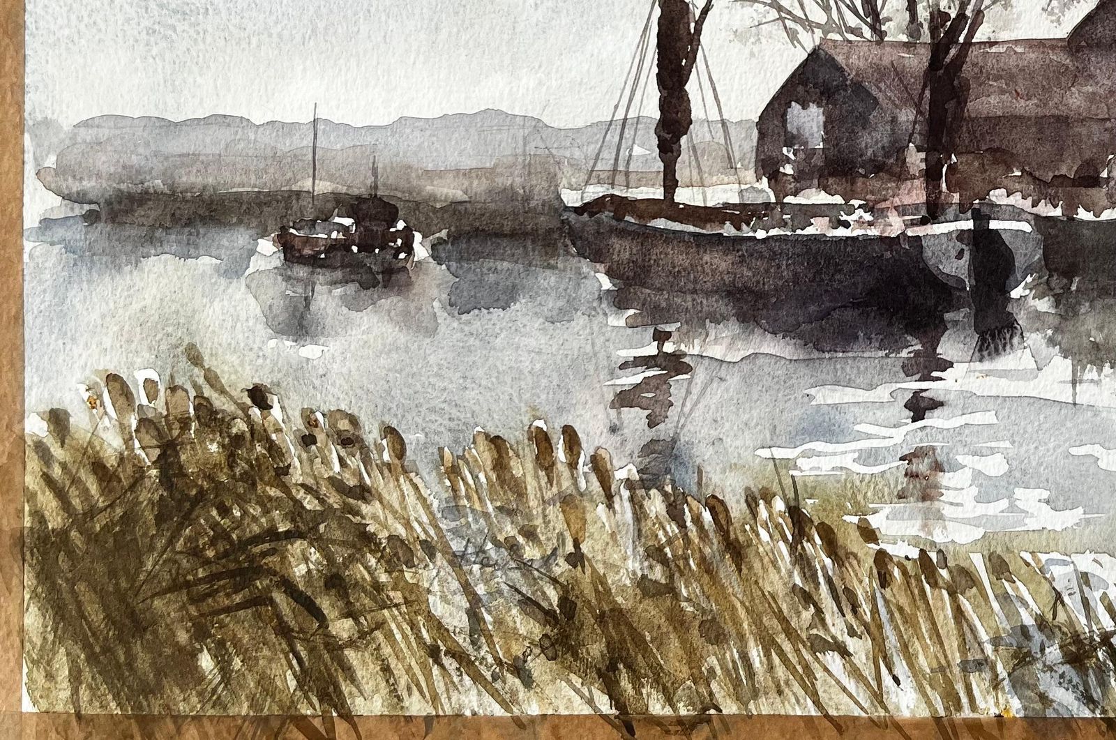 Anthony Herbertoriginal Watercolour Riverside Boatyard With Reflections And Winter Trees1993 photo 576.0