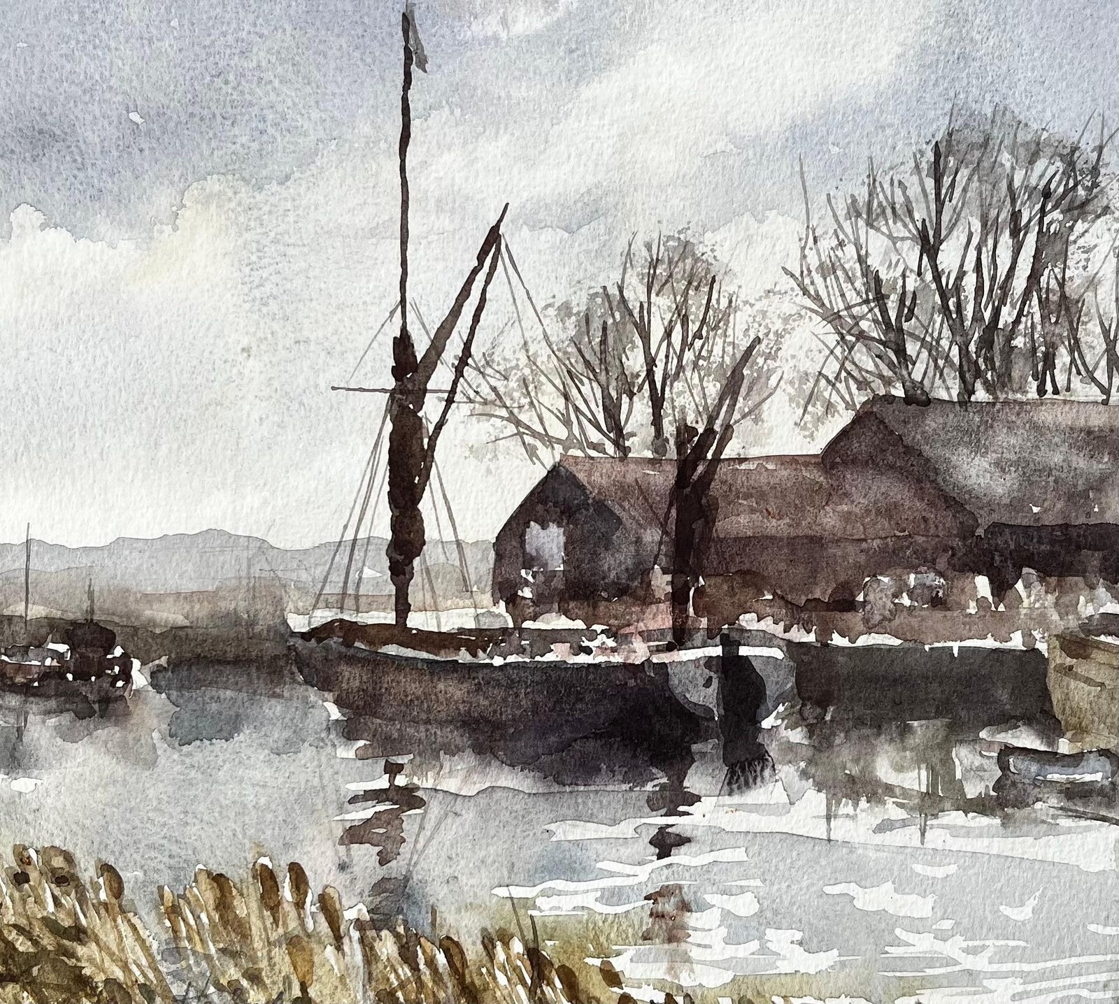 Anthony Herbertoriginal Watercolour Riverside Boatyard With Reflections And Winter Trees1993 photo buy