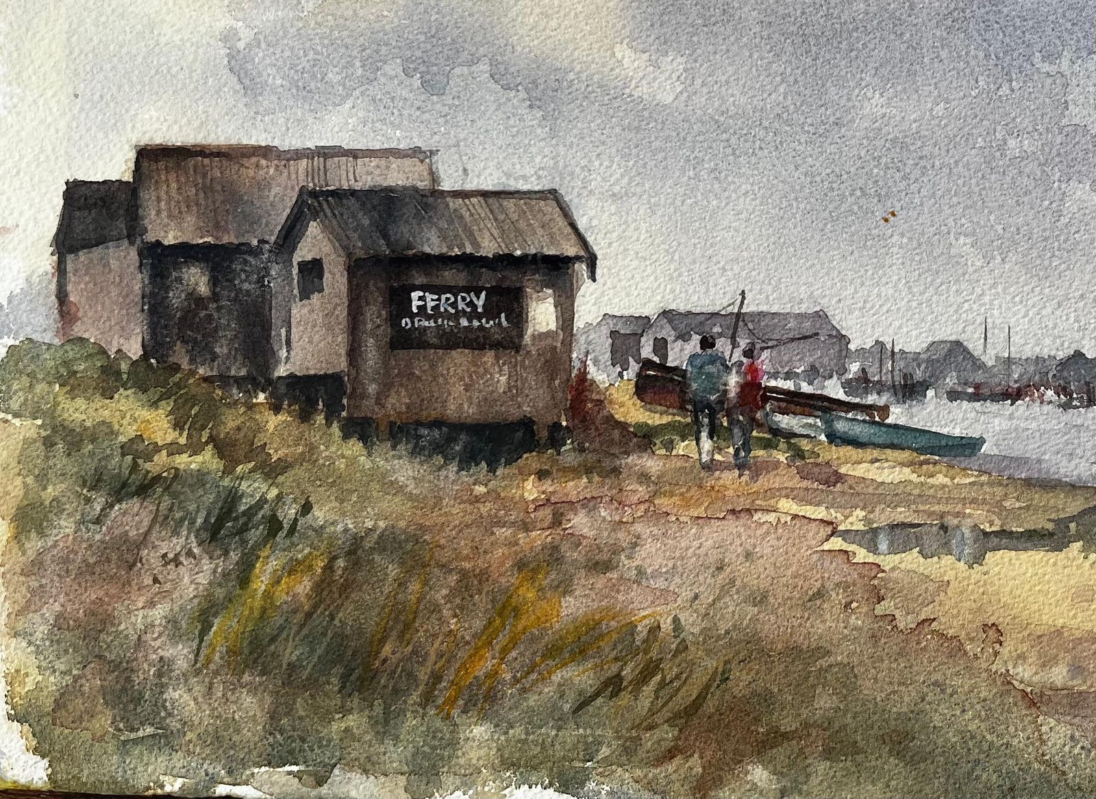 Anthony Herbertbritish Estuary Ferry Shed And Distant Harbour With Figures Watercolour Painting photo for sale