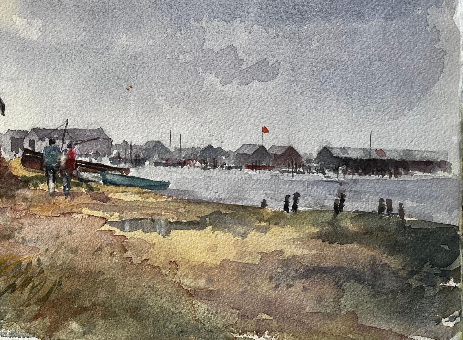 Anthony Herbertbritish Estuary Ferry Shed And Distant Harbour With Figures Watercolour Painting photo 443.0